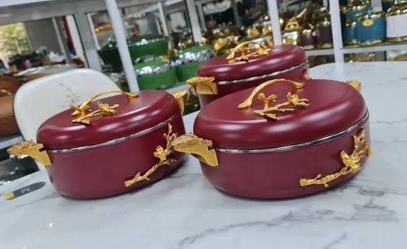 Burgundy hot pot set with gold handles