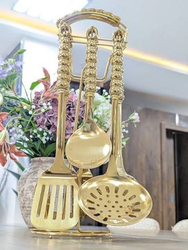 Gold cooking utensil set with stand